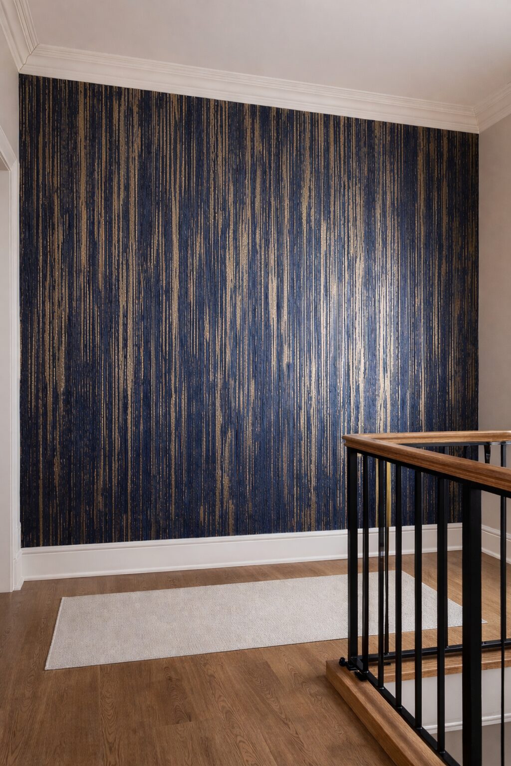 Navy and gold striped decorative feature wall on a landing