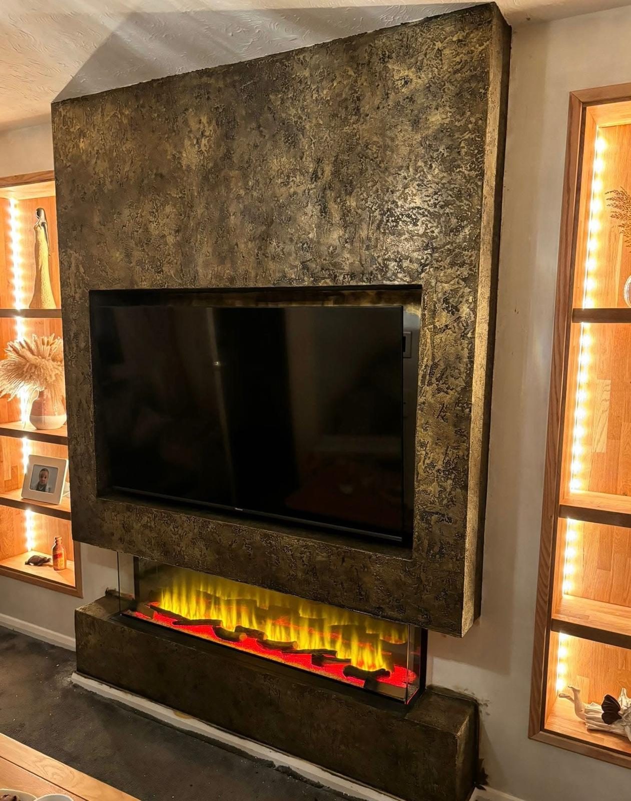 Gold Venetian plaster media wall feature